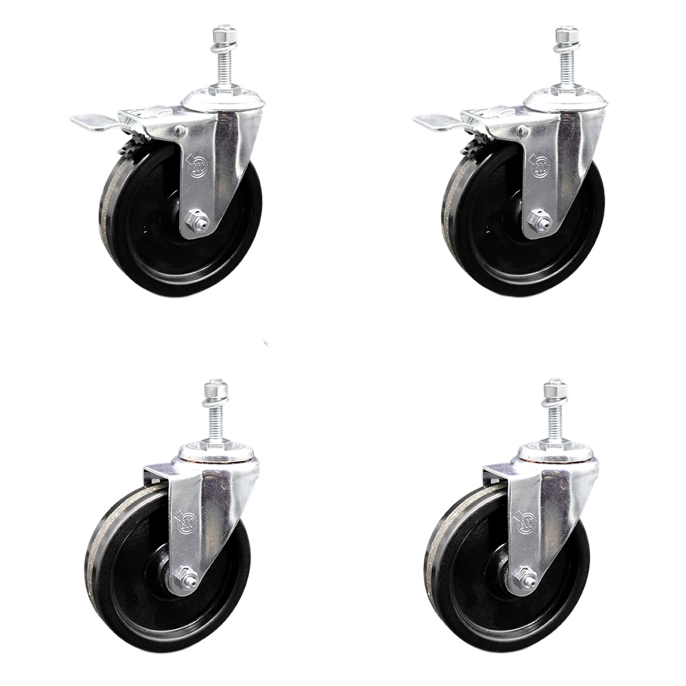 Phenolic Swivel Threaded Stem Caster Set of 4 w/5" x 1.25" Black Wheels and 10MM Metric Stems - Includes 2 with Total Locking Brake - 1200 lbs Total Capacity - Service Caster Brand — photo 1
