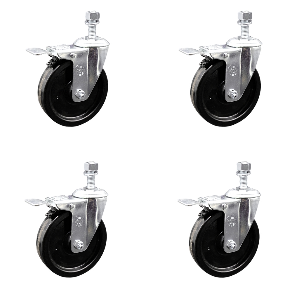 Phenolic Swivel Threaded Stem Caster Set of 4 w/5" x 1.25" Black Wheels and 10mm Stems - Includes 4 with Total Lock Brakes - 1200 lbs Total Capacity - Service Caster Brand — photo 1