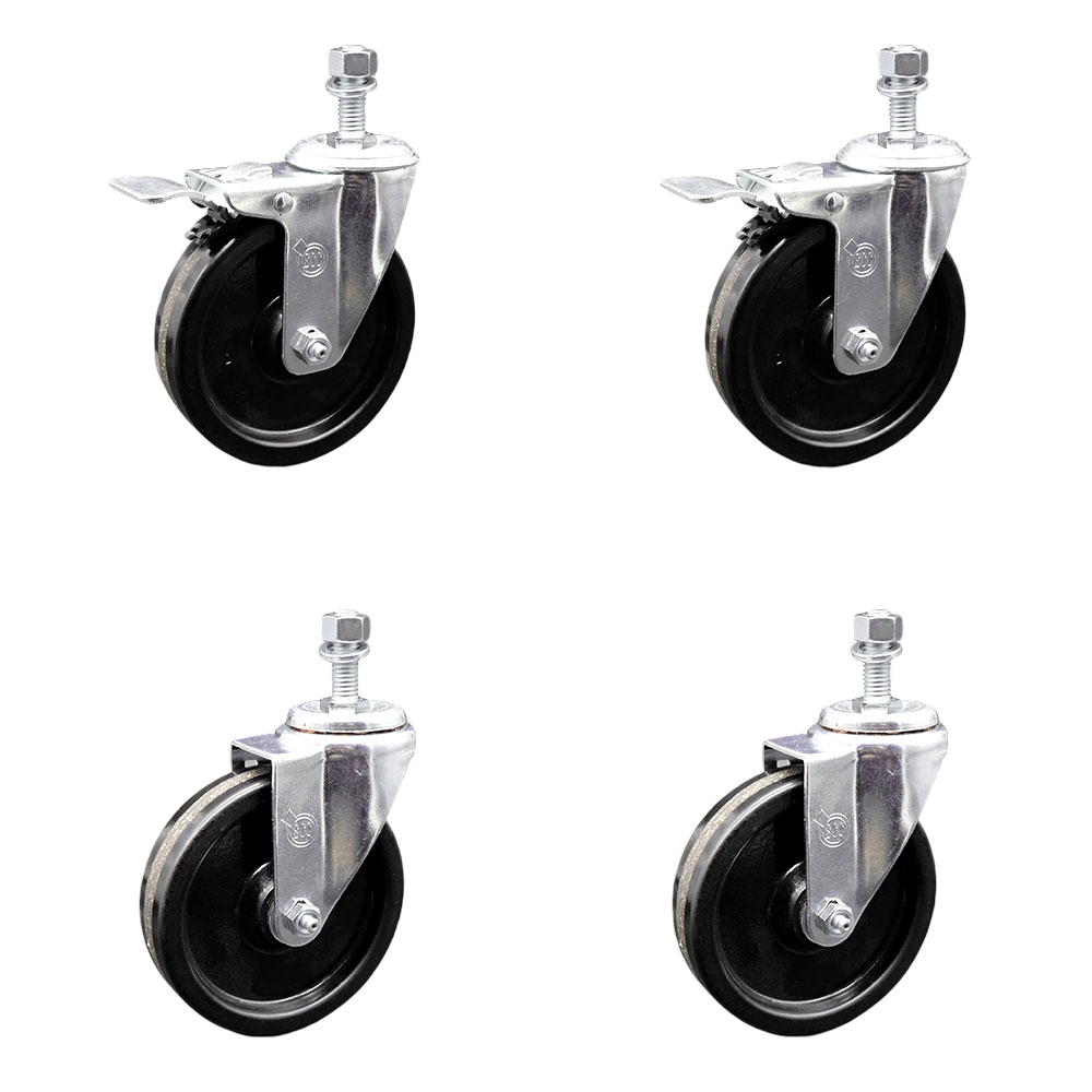Phenolic Swivel Threaded Stem Caster Set of 4 w/5" x 1.25" Black Wheels and 12MM Metric Stems - Includes 2 with Total Locking Brake - 1200 lbs Total Capacity - Service Caster Brand — photo 1