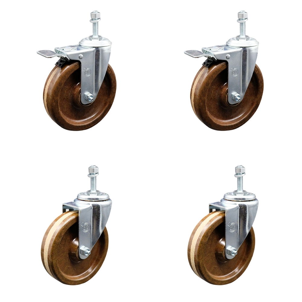 High Temperature Phenolic Swivel Threaded Stem Caster Set of 4 - 5" x 1.25" Brown Wheels and 3/8" Stems - Includes 2 with Total Locking Brake - 1200 lbs Total Capacity - Service Caster Brand — photo 1