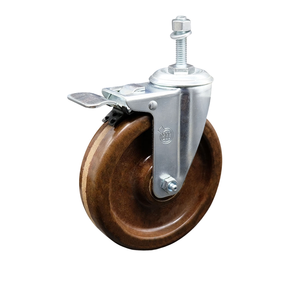High Temperature Phenolic Swivel Threaded Stem Caster - 5" x 1.25" Brown Wheel and 3/8" Stem & Total Locking Brake - 300 lbs Capacity/Caster - Service Caster Brand — photo 1