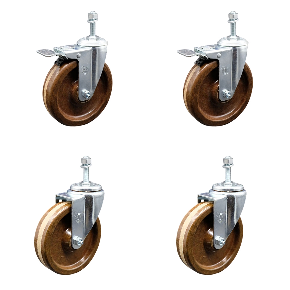 High Temperature Phenolic Swivel Threaded Stem Caster Set of 4 - 5" x 1.25" Brown Wheels and 10MM Metric Stems - Includes 2 with Total Locking Brake - 1200 lbs Total Capacity - Service Caster Brand — photo 1