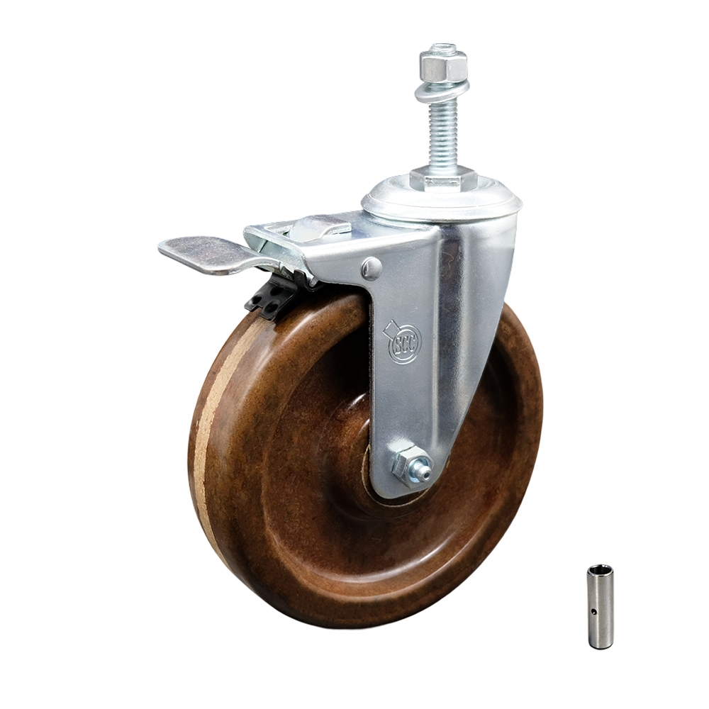 High Temperature Phenolic Swivel Threaded Stem Caster - 5" x 1.25" Brown Wheel and 10MM Metric Stem & Total Locking Brake - 300 lbs Capacity/Caster - Service Caster Brand — photo 1