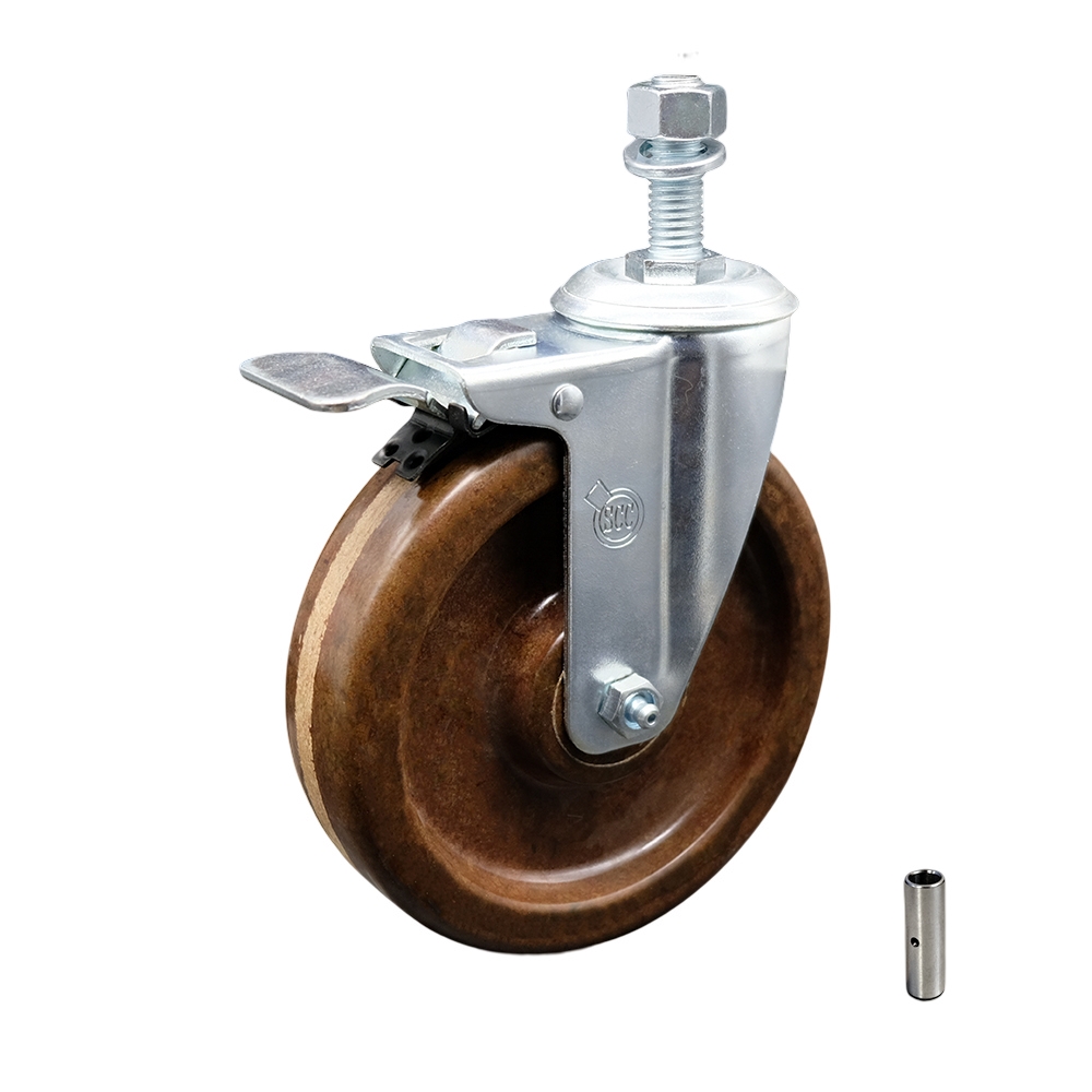 High Temperature Phenolic Swivel Threaded Stem Caster - 5" x 1.25" Brown Wheel and 12MM Metric Stem & Total Locking Brake - 300 lbs Capacity/Caster - Service Caster Brand — photo 1