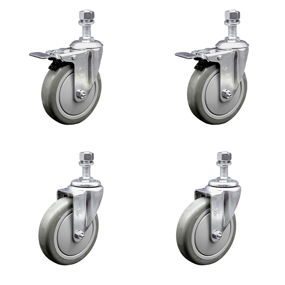 Polyurethane Swivel Threaded Stem Caster Set of 4 w/5" x 1.25" Gray Wheels and 1/2" Stems - Includes 2 with Total Locking Brake - 1400 lbs Total Capacity - Service Caster Brand — photo 1