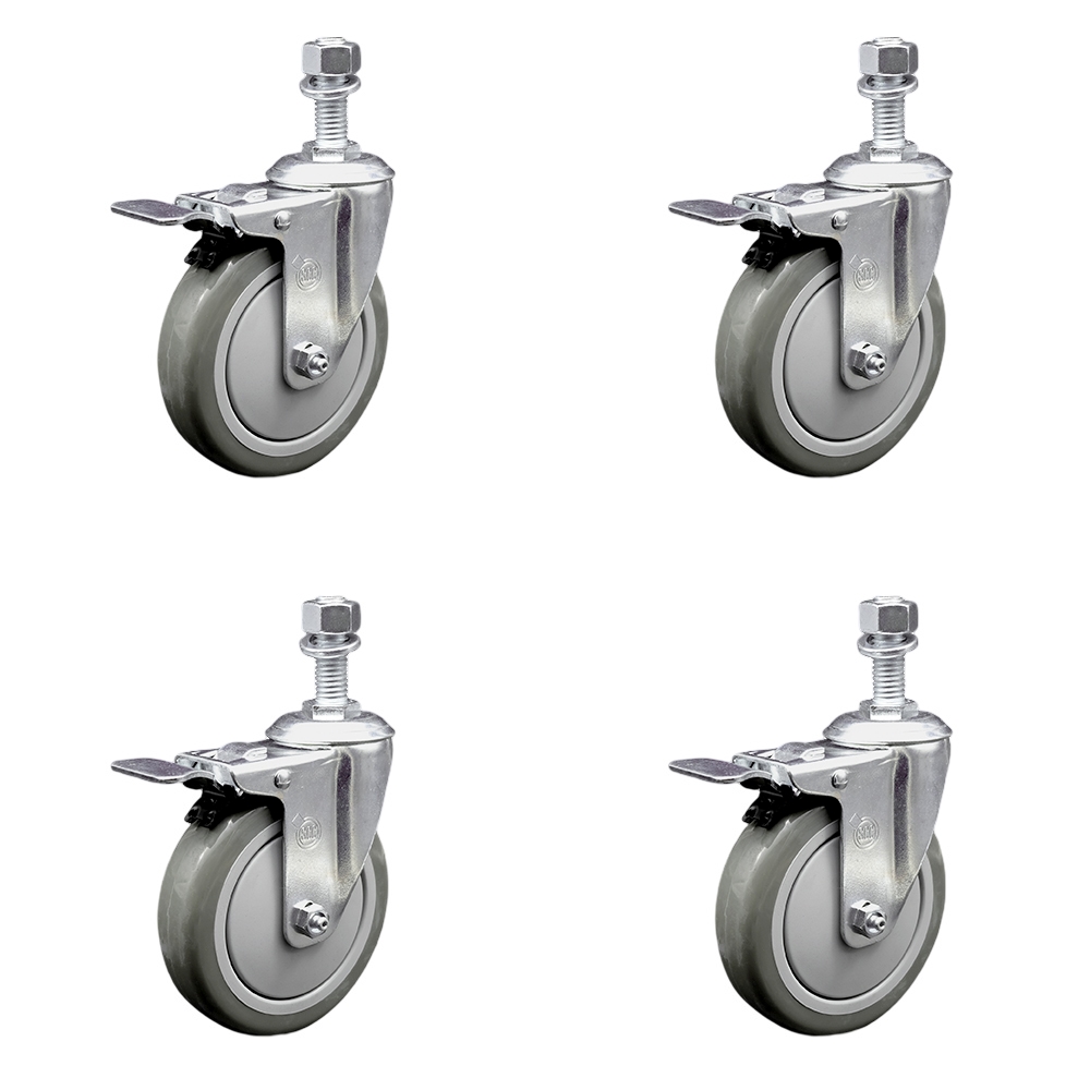 Polyurethane Swivel Threaded Stem Caster Set of 4 w/5" x 1.25" Gray Wheels and 1/2" Stems - Includes 4 with Total Lock Brakes - 1400 lbs Total Capacity - Service Caster Brand — photo 1