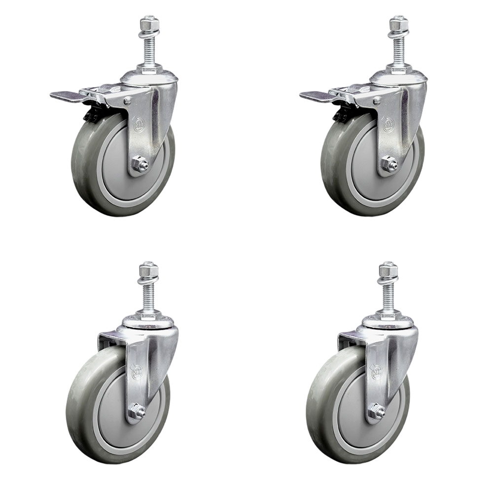 Polyurethane Swivel Threaded Stem Caster Set of 4 w/5" x 1.25" Gray Wheels and 3/8" Stems - Includes 2 with Total Locking Brake - 1400 lbs Total Capacity - Service Caster Brand — photo 1