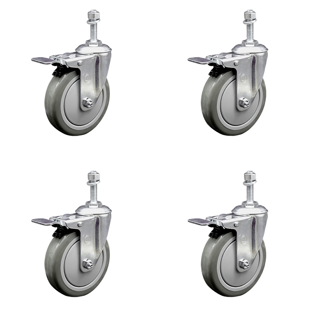 Polyurethane Swivel Threaded Stem Caster Set of 4 w/5" x 1.25" Gray Wheels and 3/8" Stems - Includes 4 with Total Lock Brakes - 1400 lbs Total Capacity - Service Caster Brand — photo 1