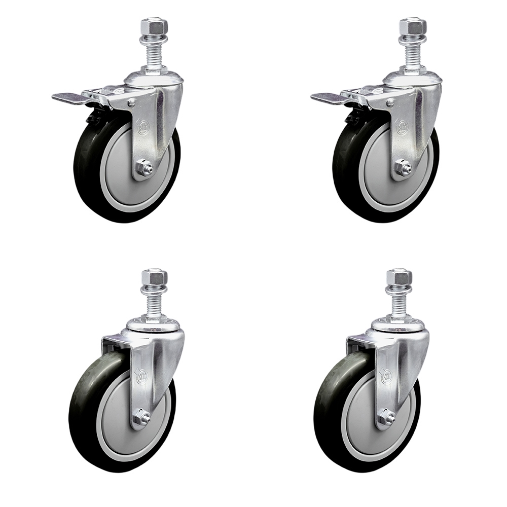 Polyurethane Swivel Threaded Stem Caster Set of 4 w/5" x 1.25"  Black Wheels and 1/2" Stems - Includes 2 with Total Locking Brake - 1400 lbs Total Capacity - Service Caster Brand — photo 1