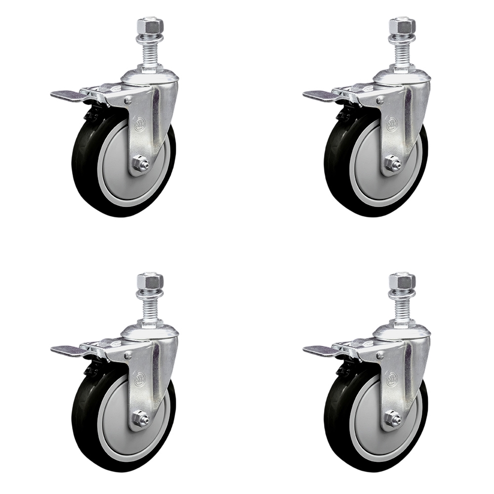 Polyurethane Swivel Threaded Stem Caster Set of 4 w/5" x 1.25" Black Wheels and 1/2" Stems - Includes 4 with Total Lock Brakes - 1400 lbs Total Capacity - Service Caster Brand — photo 1
