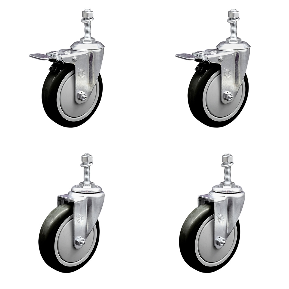 Polyurethane Swivel Threaded Stem Caster Set of 4 w/5" x 1.25" Black Wheels and 3/8" Stems - Includes 2 with Total Locking Brake - 1400 lbs Total Capacity - Service Caster Brand — photo 1