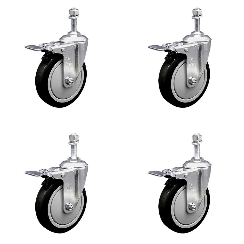 Polyurethane Swivel Threaded Stem Caster Set of 4 w/5" x 1.25" Black Wheels and 3/8" Stems - Includes 4 with Total Lock Brakes - 1400 lbs Total Capacity - Service Caster Brand — photo 1