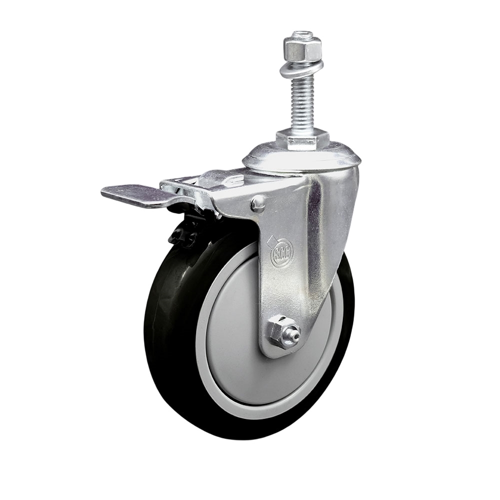 5" Swivel Caster with 3/8" Threaded Stem, Black Polyurethane Wheel and Total Lock Brake - 350 lbs. Capacity - Service Caster Brand — photo 1