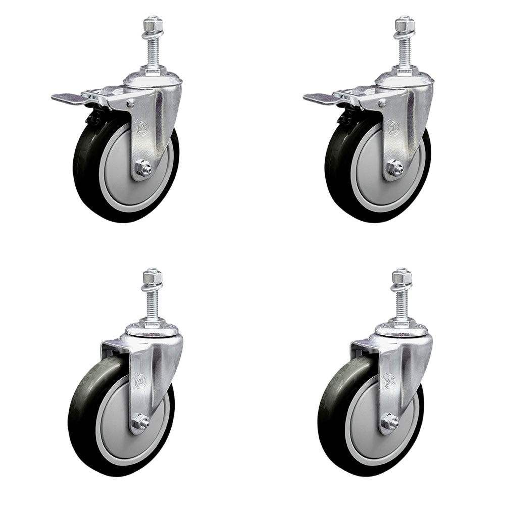 Polyurethane Swivel Threaded Stem Caster Set of 4 w/5" x 1.25"  Black Wheels and 10mm Stems - Includes 2 with Total Locking Brake - 1400 lbs Total Capacity - Service Caster Brand — photo 1