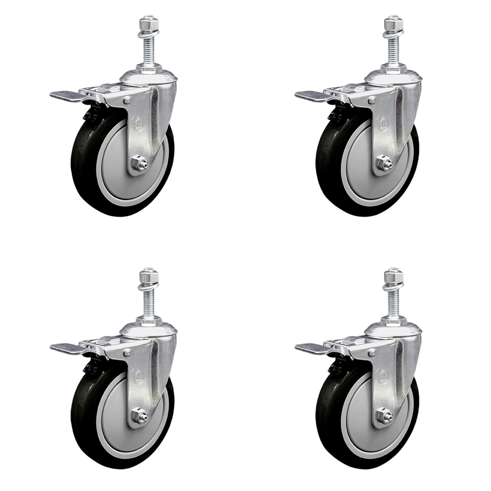 Polyurethane Swivel Threaded Stem Caster Set of 4 w/5" x 1.25" Black Wheels and 10mm Stems - Includes 4 with Total Lock Brakes - 1400 lbs Total Capacity - Service Caster Brand — photo 1