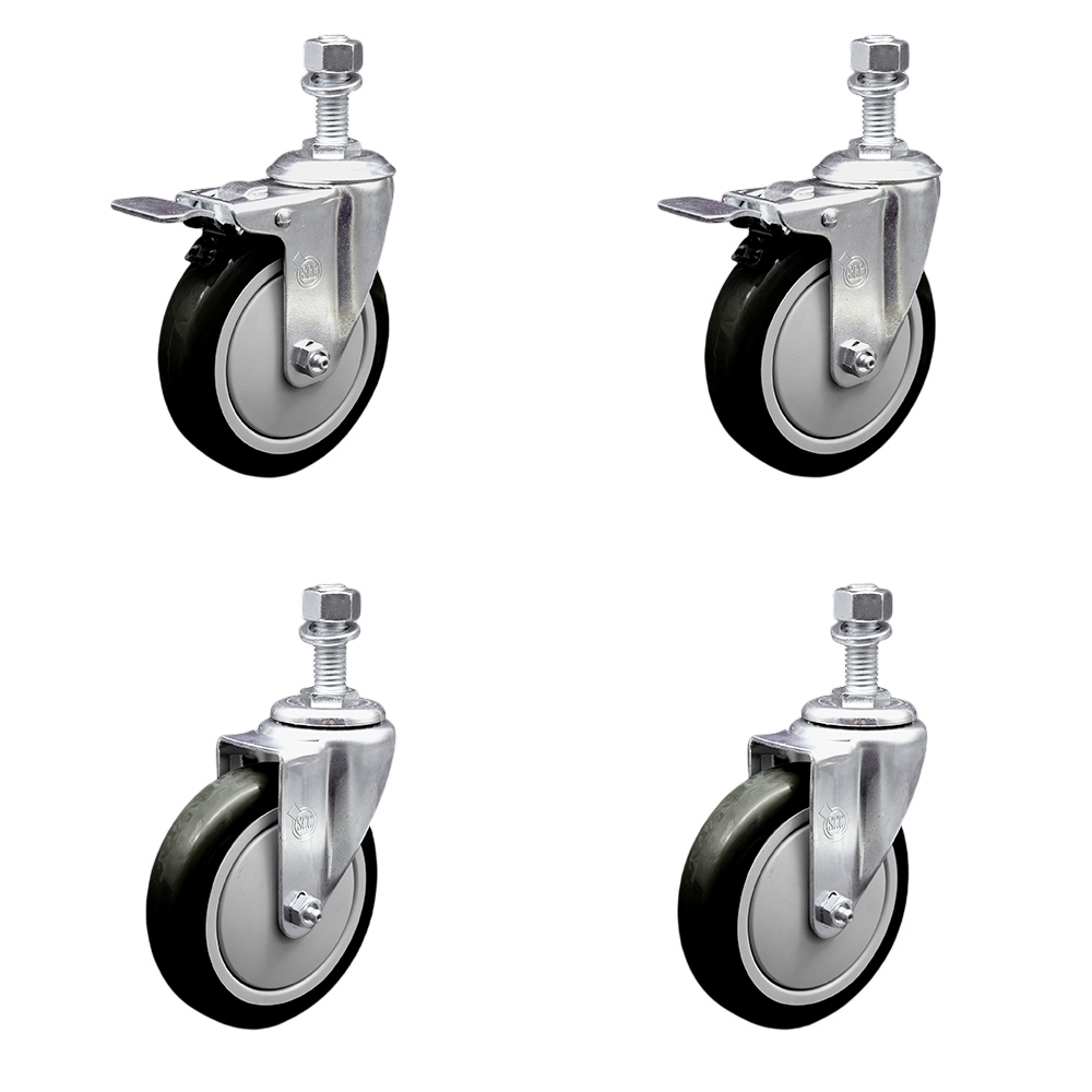 Polyurethane Swivel Threaded Stem Caster Set of 4 w/5" x 1.25"  Black Wheels and 12mm Stems - Includes 2 with Total Locking Brake - 1400 lbs Total Capacity - Service Caster Brand — photo 1
