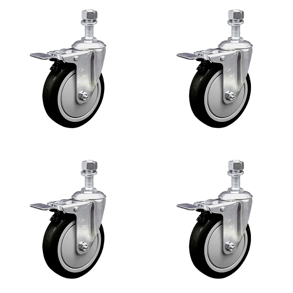 Polyurethane Swivel Threaded Stem Caster Set of 4 w/5" x 1.25" Black Wheels and 12mm Stems - Includes 4 with Total Lock Brakes - 1400 lbs Total Capacity - Service Caster Brand — photo 1