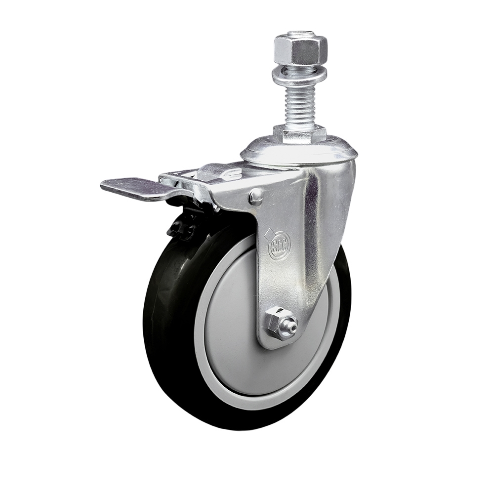 5" Swivel Caster with 12mm Threaded Stem, Black Polyurethane Wheel and Total Lock Brake - 350 lbs. Capacity - Service Caster Brand — photo 1