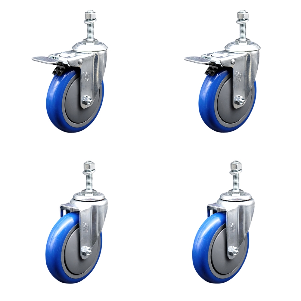 Polyurethane Swivel Threaded Stem Caster Set of 4 w/5" x 1.25"  Blue Wheels and 3/8" Stems - Includes 2 with Total Locking Brake - 1400 lbs Total Capacity - Service Caster Brand — photo 1