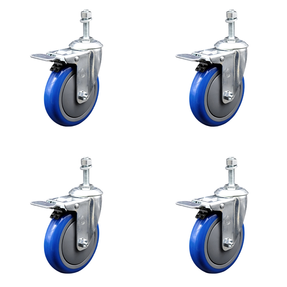 Polyurethane Swivel Threaded Stem Caster Set of 4 w/5" x 1.25" Blue Wheels and 3/8" Stems - Includes 4 with Total Lock Brakes - 1400 lbs Total Capacity - Service Caster Brand — photo 1