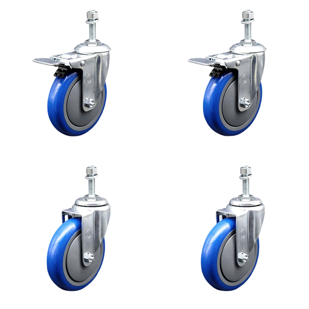 Polyurethane Swivel Threaded Stem Caster Set of 4 w/5" x 1.25"  Blue Wheels and 10mm Stems - Includes 2 with Total Locking Brake - 1400 lbs Total Capacity - Service Caster Brand — photo 1