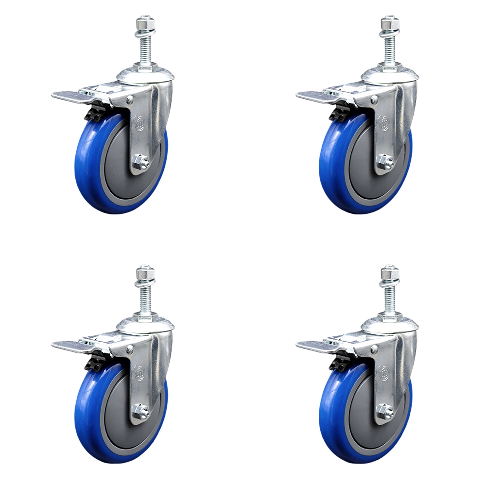 Polyurethane Swivel Threaded Stem Caster Set of 4 w/5" x 1.25" Blue Wheels and 10mm Stems - Includes 4 with Total Lock Brakes - 1400 lbs Total Capacity - Service Caster Brand — photo 1