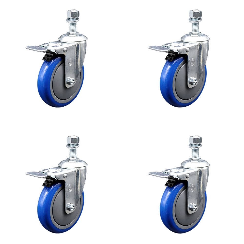 Polyurethane Swivel Threaded Stem Caster Set of 4 w/5" x 1.25" Blue Wheels and 12mm Stems - Includes 4 with Total Lock Brakes - 1400 lbs Total Capacity - Service Caster Brand — photo 1