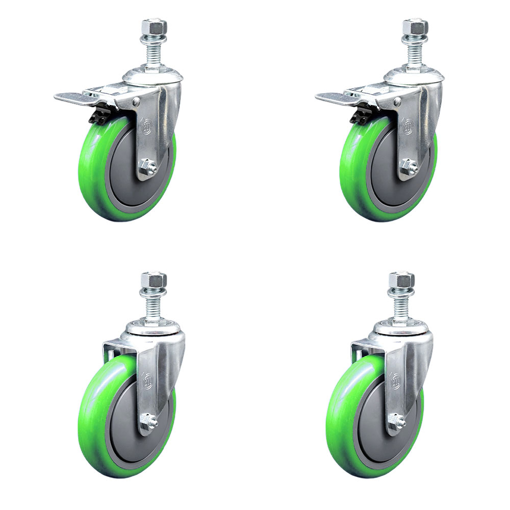Polyurethane Swivel Threaded Stem Caster Set of 4 w/5" x 1.25" Green Wheels and 1/2" Stems - Includes 2 with Total Locking Brake - 1400 lbs Total Capacity - Service Caster Brand — photo 1