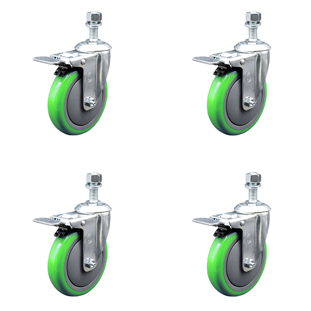 Polyurethane Swivel Threaded Stem Caster Set of 4 w/5" x 1.25" Green Wheels and 1/2" Stems - Includes 4 with Total Lock Brakes - 1400 lbs Total Capacity - Service Caster Brand — photo 1