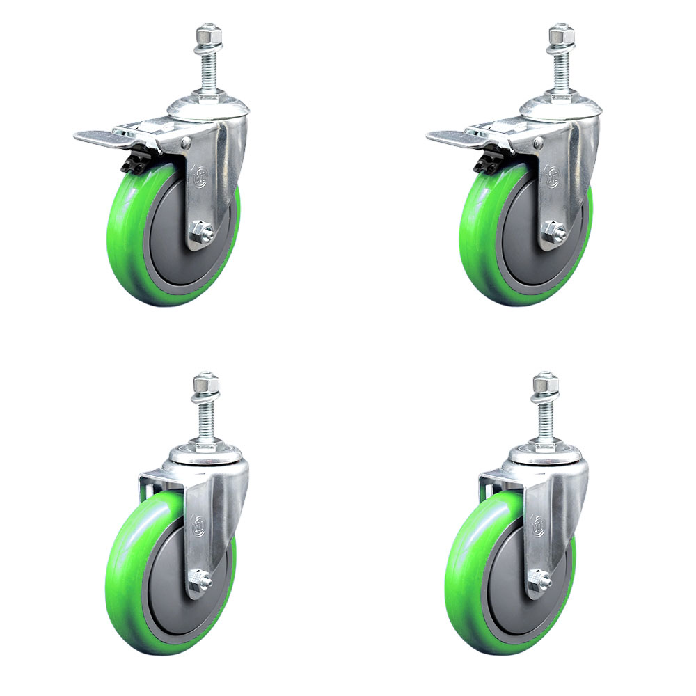 Polyurethane Swivel Threaded Stem Caster Set of 4 w/5" x 1.25" Green Wheels and 3/8" Stems - Includes 2 with Total Locking Brake - 1400 lbs Total Capacity - Service Caster Brand — photo 1