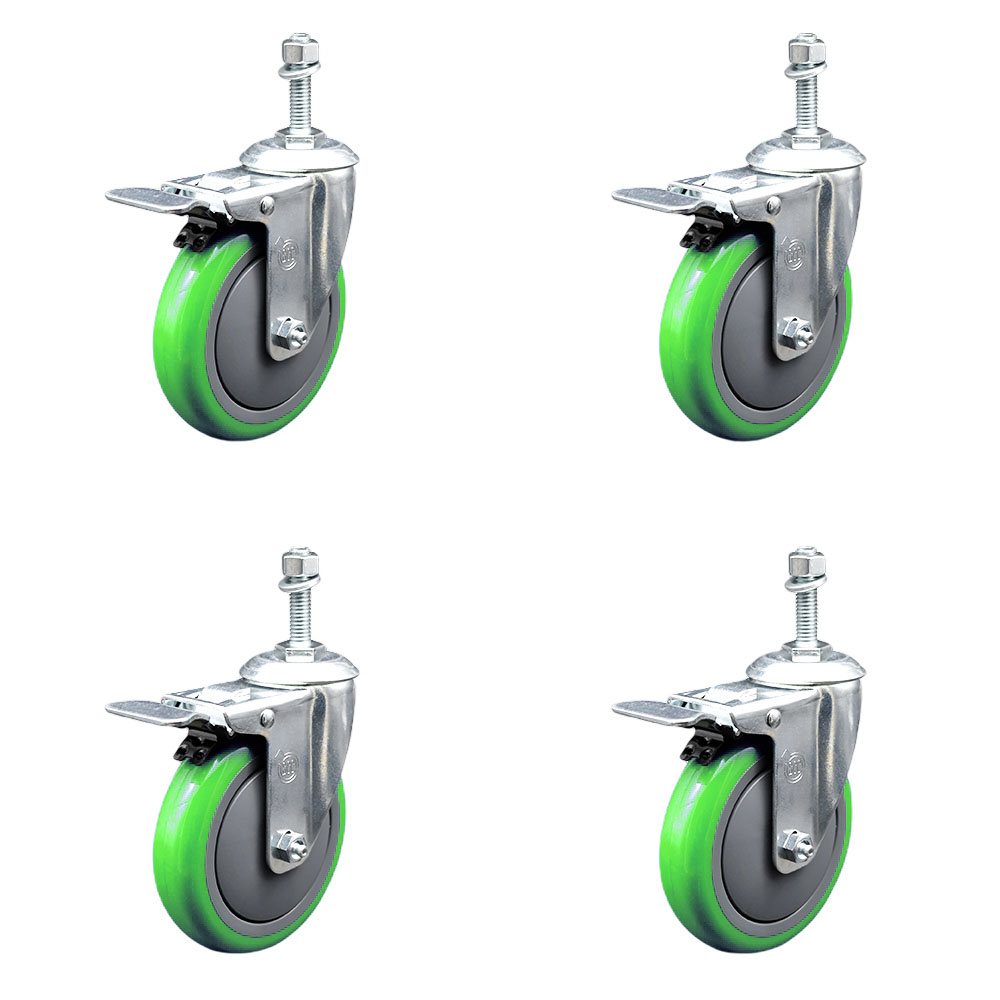 Polyurethane Swivel Threaded Stem Caster Set of 4 w/5" x 1.25" Green Wheels and 3/8" Stems - Includes 4 with Total Lock Brakes - 1400 lbs Total Capacity - Service Caster Brand — photo 1
