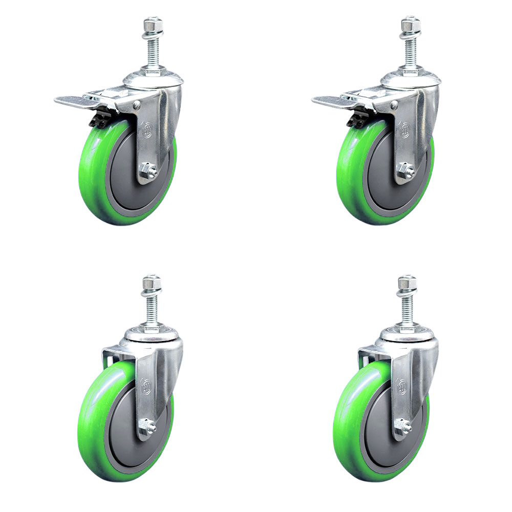 Polyurethane Swivel Threaded Stem Caster Set of 4 w/5" x 1.25" Green Wheels and 10mm Stems - Includes 2 with Total Locking Brake - 1400 lbs Total Capacity - Service Caster Brand — photo 1