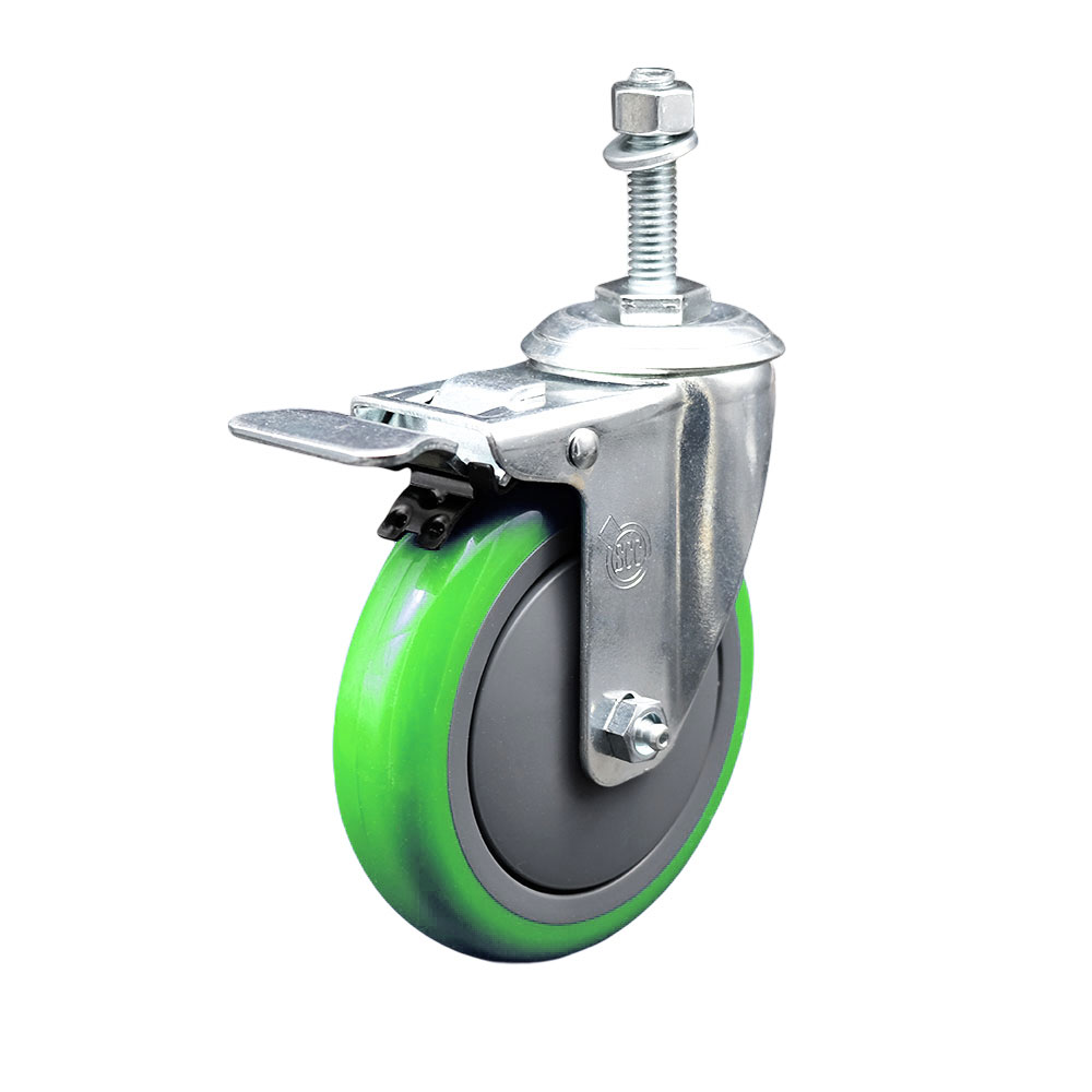 Polyurethane Swivel Threaded Stem Caster w/5" x 1.25" Green Wheel and 10mm Stem & Total Locking Brake - 350 lbs Capacity/Caster - Service Caster Brand — photo 1