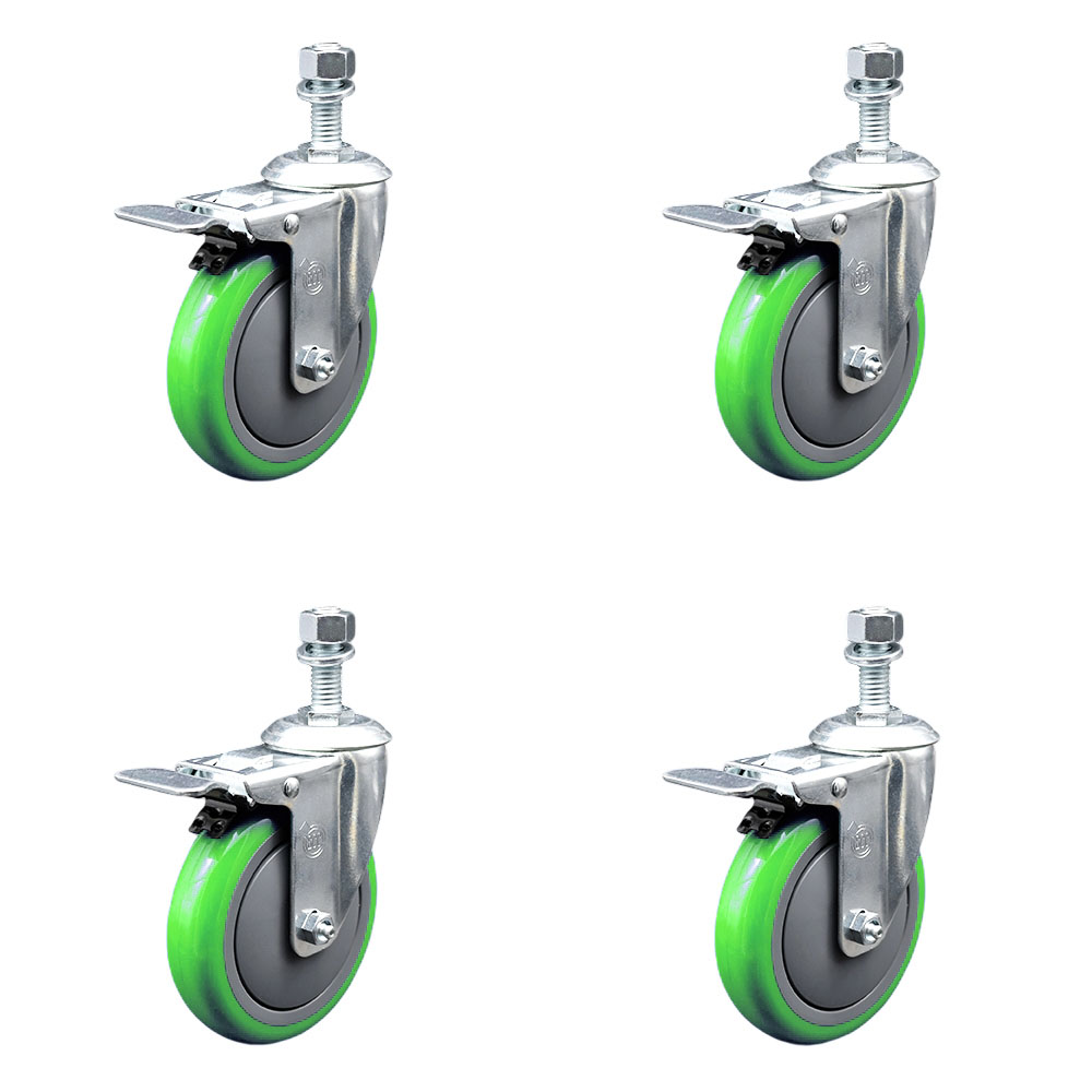 Polyurethane Swivel Threaded Stem Caster Set of 4 w/5" x 1.25" Green Wheels and 12mm Stems - Includes 4 with Total Lock Brakes - 1400 lbs Total Capacity - Service Caster Brand — photo 1