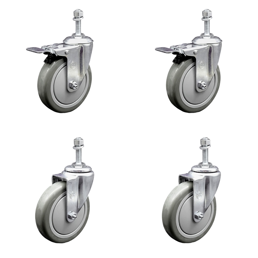 Polyurethane Swivel Threaded Stem Caster Set of 4 w/5" x 1.25" Gray Wheels and 10mm Stems - Includes 2 with Total Locking Brake - 1400 lbs Total Capacity - Service Caster Brand — photo 1