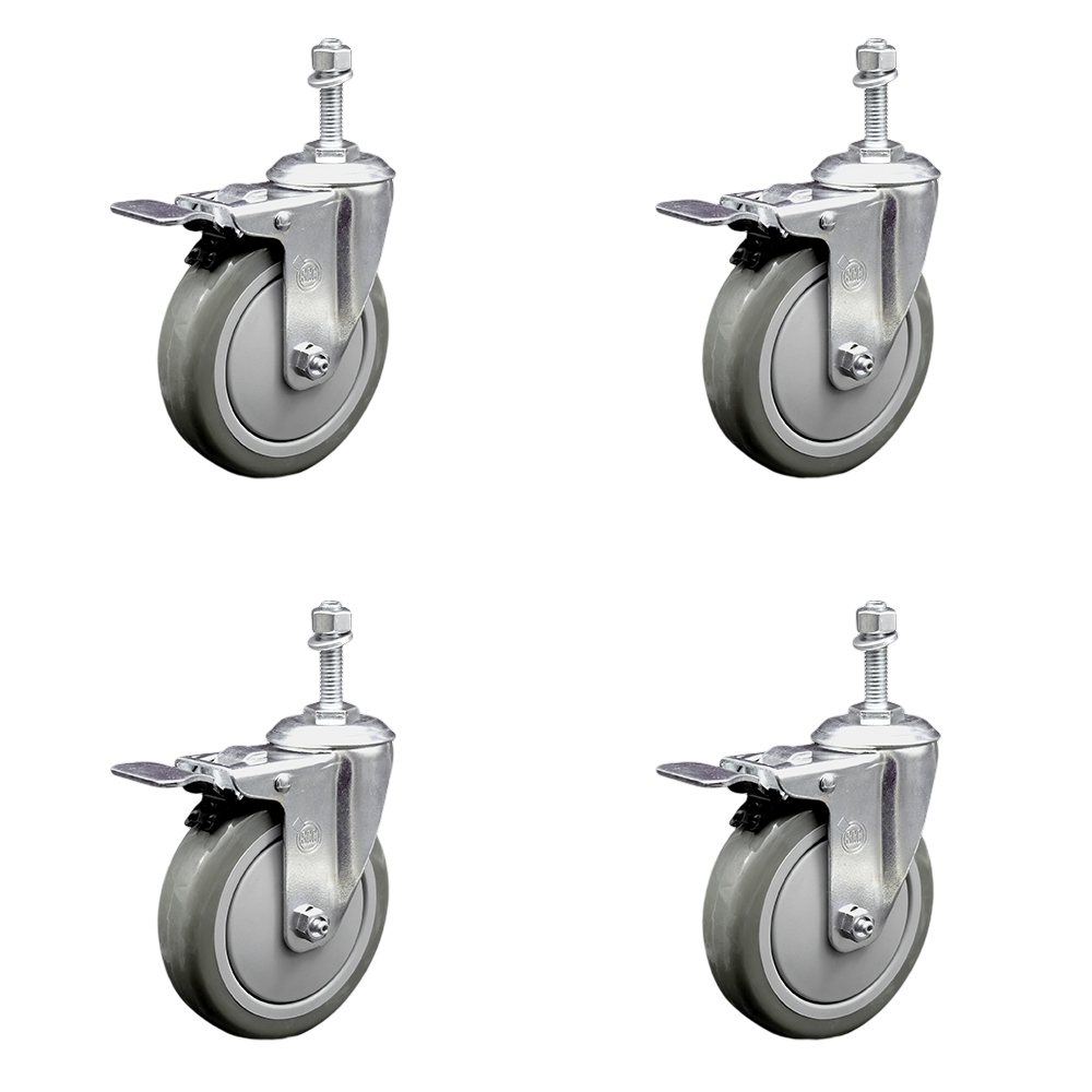 Polyurethane Swivel Threaded Stem Caster Set of 4 w/5" x 1.25" Gray Wheels and 10mm Stems - Includes 4 with Total Lock Brakes - 1400 lbs Total Capacity - Service Caster Brand — photo 1