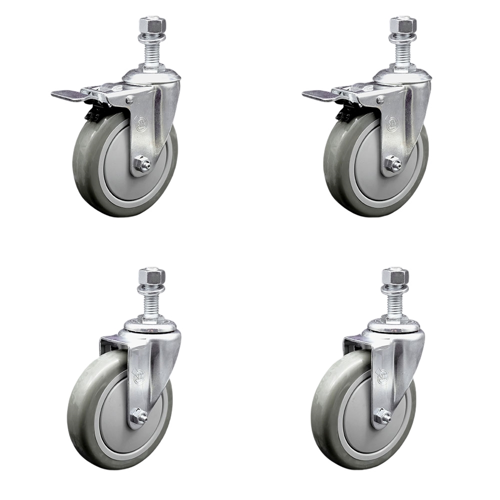 Polyurethane Swivel Threaded Stem Caster Set of 4 w/5" x 1.25" Gray Wheels and 12mm Stems - Includes 2 with Total Locking Brake - 1400 lbs Total Capacity - Service Caster Brand — photo 1