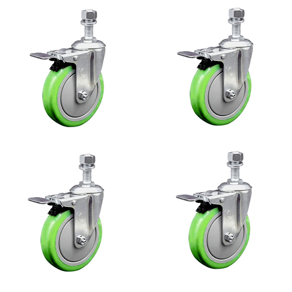 Polyurethane Swivel Threaded Stem Caster Set of 4 w/5" x 1.25" Green Wheels and 12mm Stems - Includes 2 with Total Locking Brake - 1400 lbs Total Capacity - Service Caster Brand — photo 1