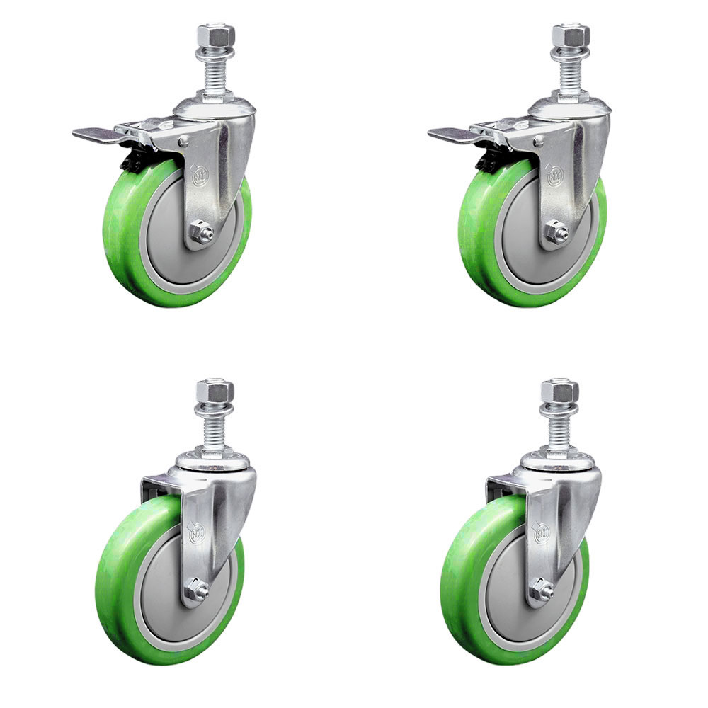 Stainless Steel Polyurethane Swivel Threaded Stem Caster Set of 4 w/5" x 1.25"  Green Wheels and 12mm Stems - Includes 2 with Total Locking Brake - 1400 lbs Total Capacity - Service Caster Brand — photo 1