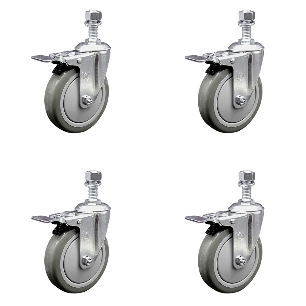 Polyurethane Swivel Threaded Stem Caster Set of 4 w/5" x 1.25" Gray Wheels and 12mm Stems - Includes 4 with Total Lock Brakes - 1400 lbs Total Capacity - Service Caster Brand — photo 1