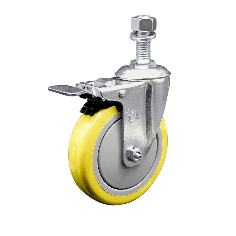 Polyurethane Swivel Threaded Stem Caster w/5" x 1.25" Yellow Wheel and 12mm Stem & Total Locking Brake - 350 lbs Capacity/Caster - Service Caster Brand — photo 1