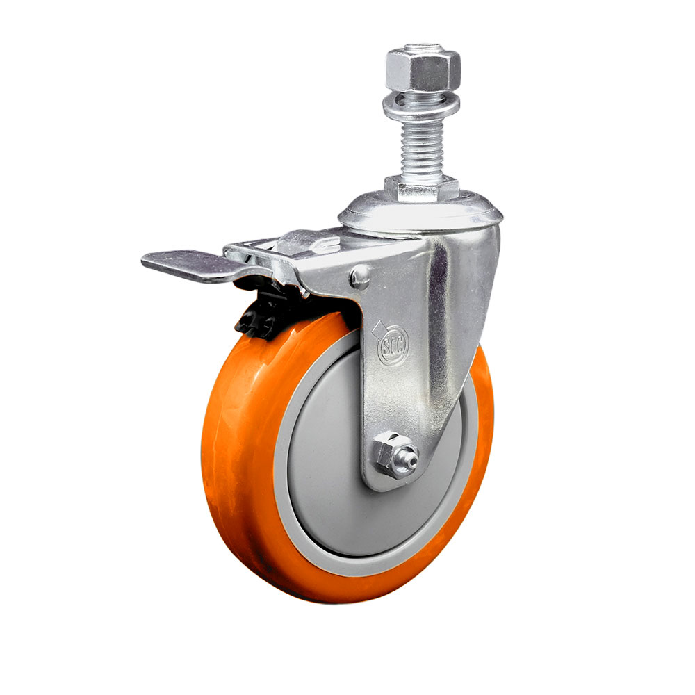 Polyurethane Swivel Threaded Stem Caster w/5" x 1.25" Orange Wheel and 12mm Stem & Total Locking Brake - 350 lbs Capacity/Caster - Service Caster Brand — photo 1