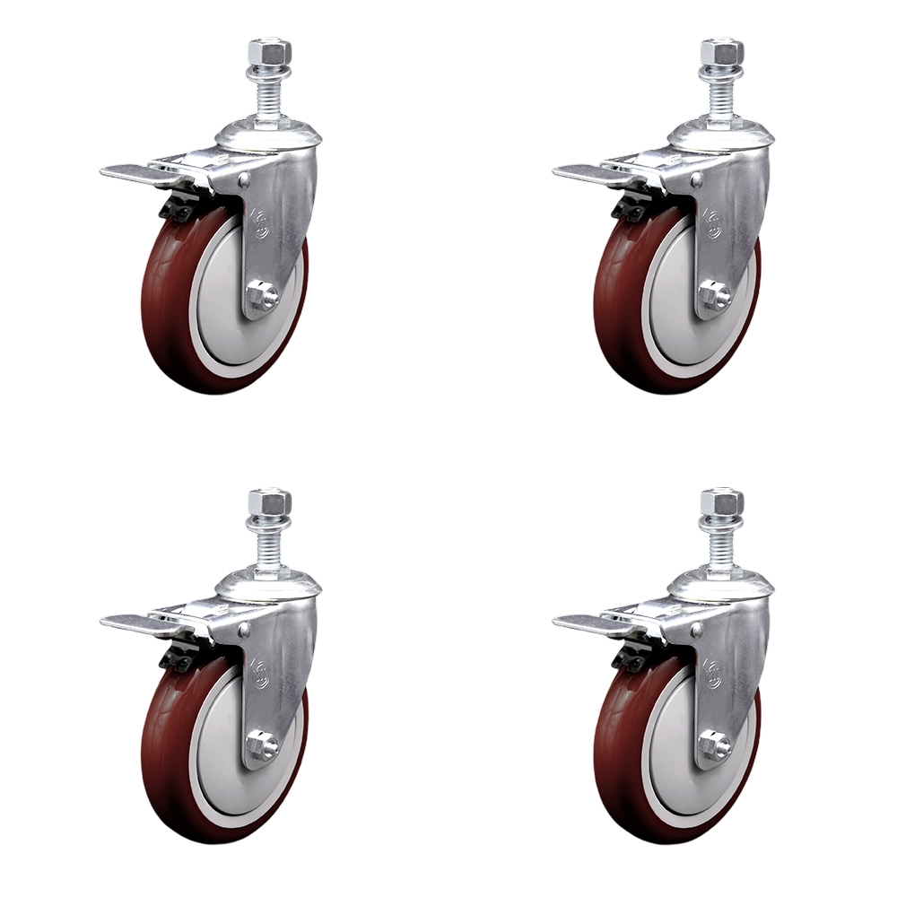 Polyurethane Swivel Threaded Stem Caster Set of 4 w/5" x 1.25" Maroon Wheels and 1/2" Stems - Includes 4 with Total Lock Brakes - 1400 lbs Total Capacity - Service Caster Brand — photo 1