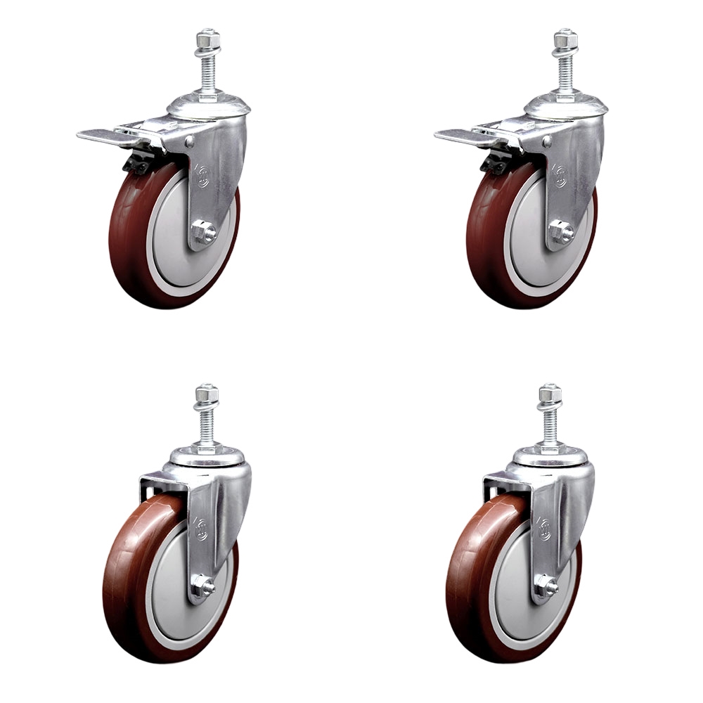 Polyurethane Swivel Threaded Stem Caster Set of 4 w/5" x 1.25"  Maroon Wheels and 3/8" Stems - Includes 2 with Total Locking Brake - 1400 lbs Total Capacity - Service Caster Brand — photo 1