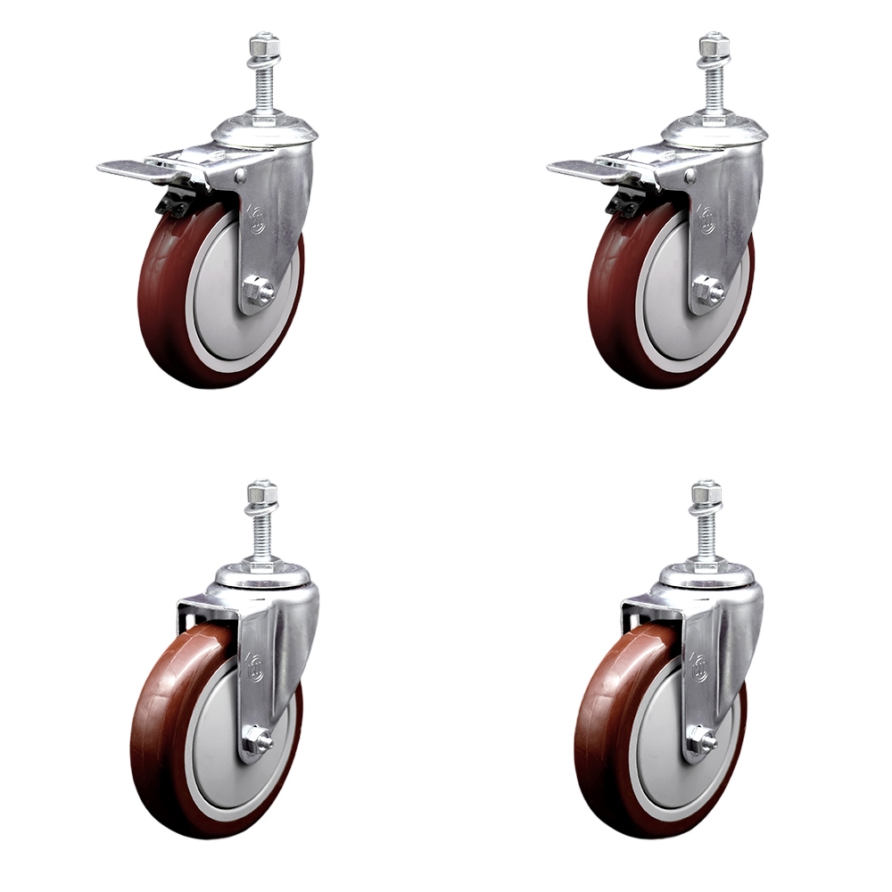 Polyurethane Swivel Threaded Stem Caster Set of 4 w/5" x 1.25"  Maroon Wheels and 10mm Stems - Includes 2 with Total Locking Brake - 1400 lbs Total Capacity - Service Caster Brand — photo 1