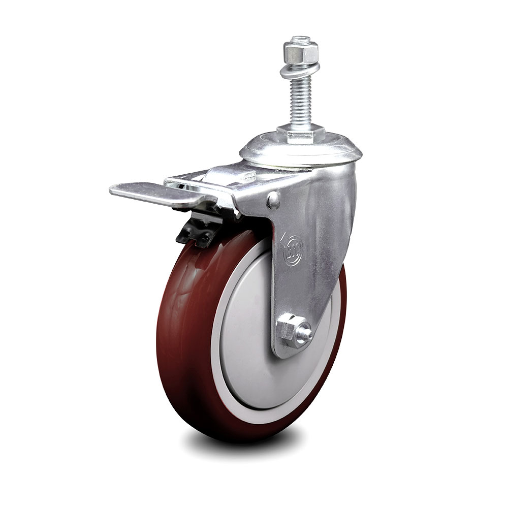 Polyurethane Swivel Threaded Stem Caster w/5" x 1.25"  Maroon Wheel and 10mm Stem & Total Locking Brake - 350 lbs Capacity/Caster - Service Caster Brand — photo 1