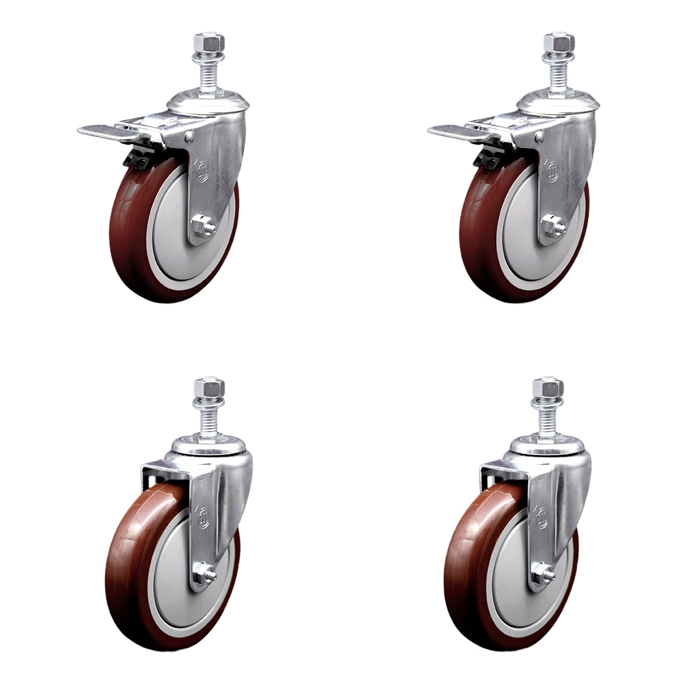 Polyurethane Swivel Threaded Stem Caster Set of 4 w/5" x 1.25"  Maroon Wheels and 12mm Stems - Includes 2 with Total Locking Brake - 1400 lbs Total Capacity - Service Caster Brand — photo 1