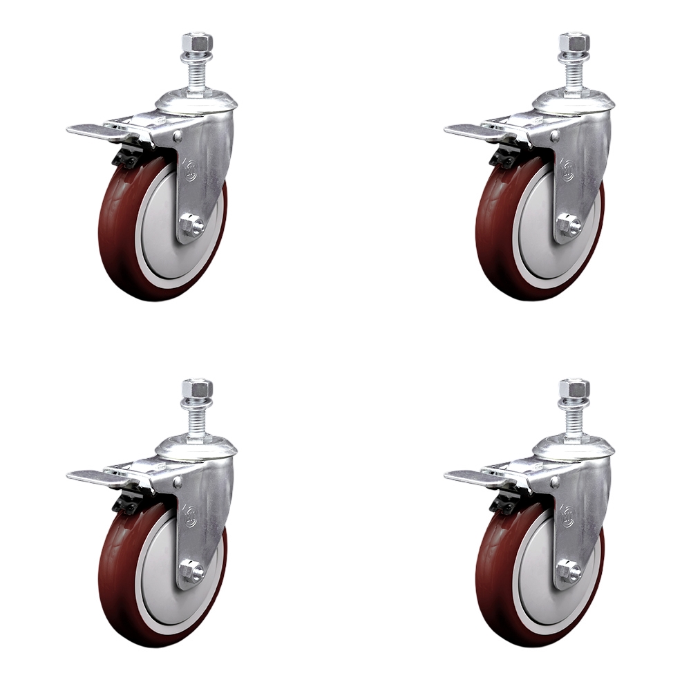 Polyurethane Swivel Threaded Stem Caster Set of 4 w/5" x 1.25" Maroon Wheels and 12mm Stems - Includes 4 with Total Lock Brakes - 1400 lbs Total Capacity - Service Caster Brand — photo 1