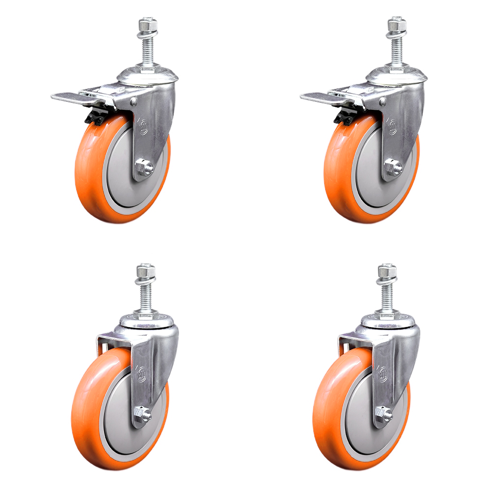Polyurethane Swivel Threaded Stem Caster Set of 4 w/5" x 1.25" Orange Wheels and 3/8" Stems - Includes 2 with Total Locking Brake - 1400 lbs Total Capacity - Service Caster Brand — photo 1