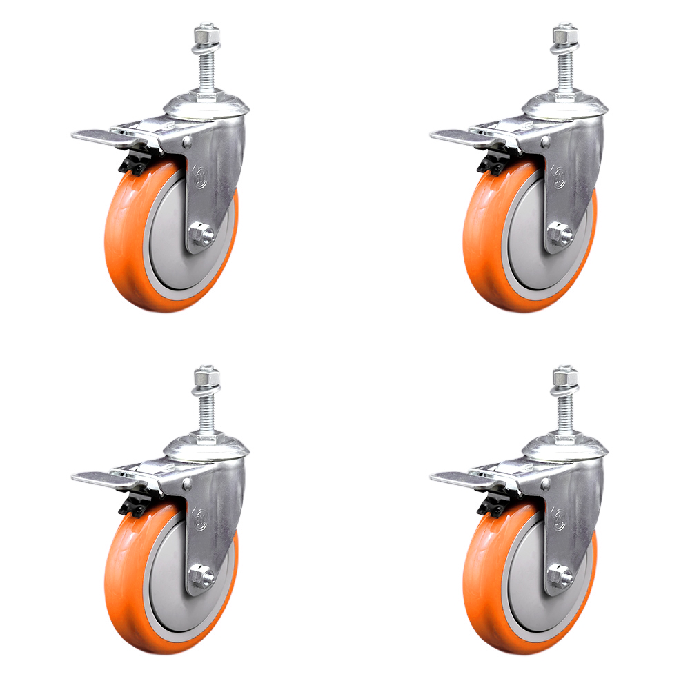 Polyurethane Swivel Threaded Stem Caster Set of 4 w/5" x 1.25" Orange Wheels and 3/8" Stems - Includes 4 with Total Lock Brakes - 1400 lbs Total Capacity - Service Caster Brand — photo 1